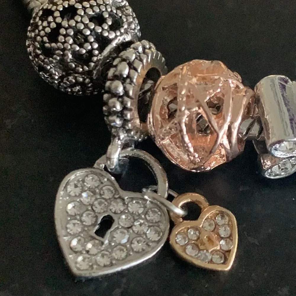 Mixed Metal Tone Charm Bracelet with Heart, Flower & Bead Charms